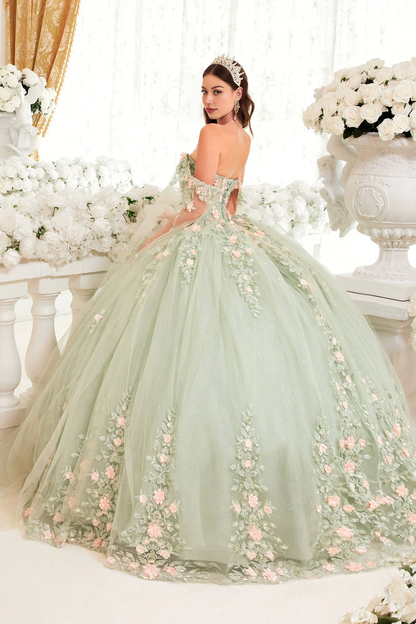 Sparkling Sage Floral Blush Ball Gown Quinceanera Dress Ball Gown Quinceanera Dresses Princess Dress Party Dress with Cape