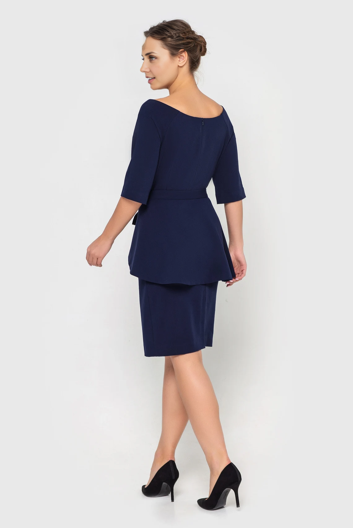 Navy Blue Boat Neck Pencil Dress With Removable Peplum Skirt Midi Dresses Mother Of The Bride Groom Dress Cocktail Dress