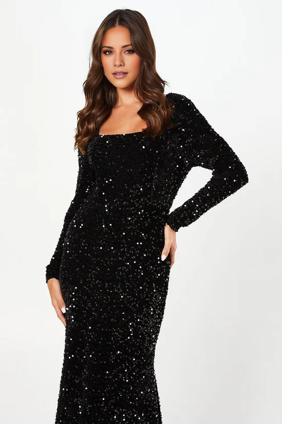 Square Neck Velvet Sequin Long Sleeve Gown Winter Wedding Guest Dresses Evening Dresses