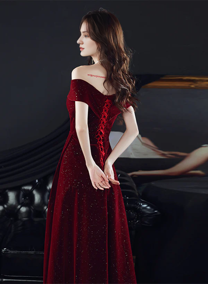 Sparkling Red Velvet Off Shoulder Long Party Dress A-line Prom Dress Evening Dress