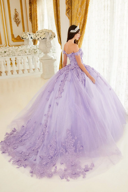 Lavender Floral Quince Ball Gown Princess Dress Floor Length with Crystals Appliques