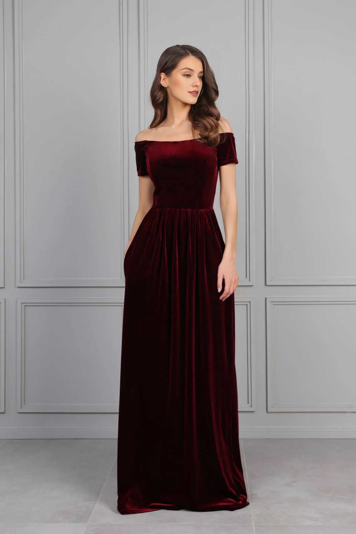 Burgundy Velvet Bridesmaid Dress Off The Shoulder Wedding Guest Dress Evening Dress