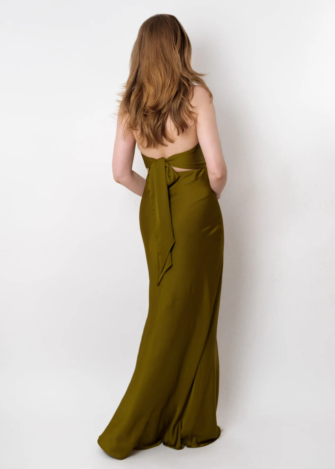 Olive Silk Long Halter Open Back  Bridesmaid Dress Wedding Guest Dress Evening Dress