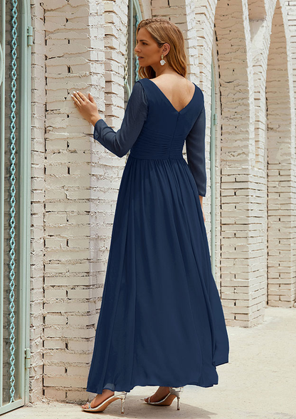 A-line V Neck Full/Long Sleeve Ankle-Length Chiffon Mother of the Bride Dress With Pleated