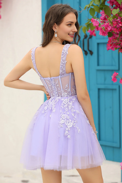 Lilac Corset Straps A-Line Short Lace Tulle Party Dress Homecoming Dress