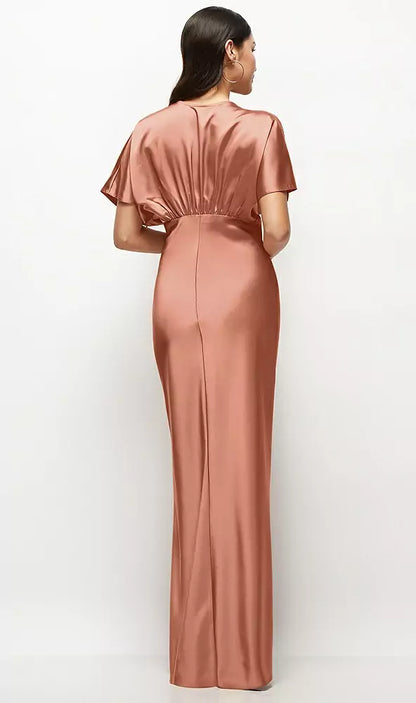 Plunge Neck Kimono Sleeve Satin Bias Maxi Dress Long Bridesmaid Dresses