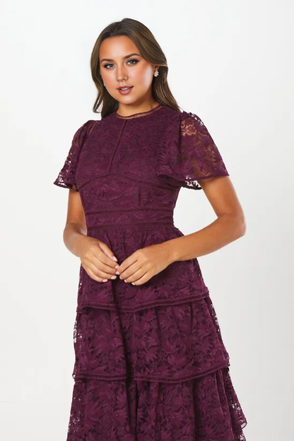 Plum A-Line Tiered Lace Dress With Flutter Sleeve & Trims Wedding Guest Party Dresses