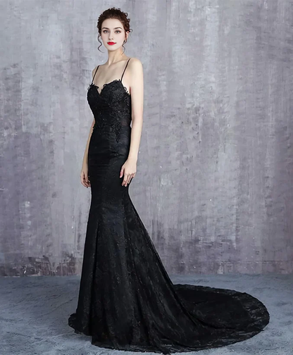 Mermaid Black Straps Long Formal Dress Evening Dress Prom Dress With Sweep Train