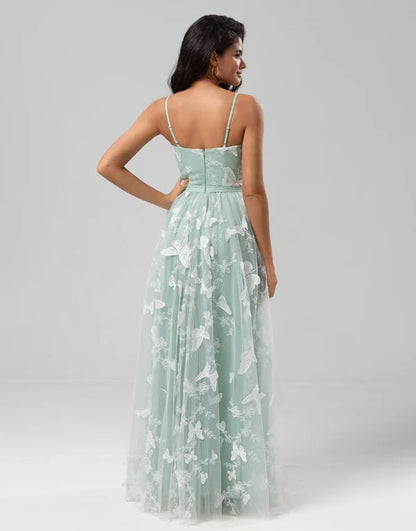 A Line Straps Matcha Long Bridesmaid Dress with Appliques