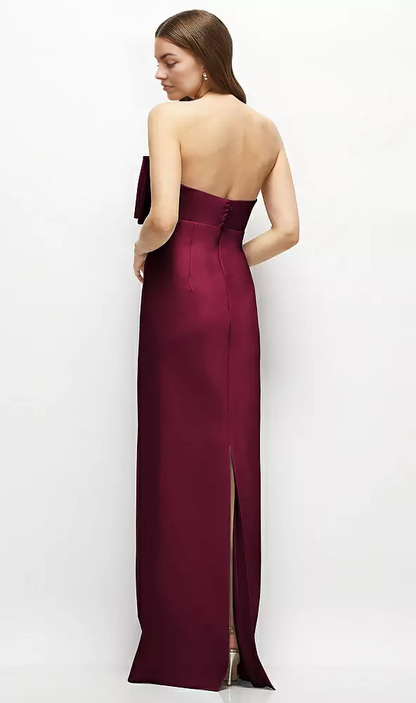 Strapless Satin Column Maxi Dress with Oversized Handcrafted Bow Long Bridesmaid Dresses