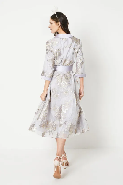 Metallic Jacquard Wrap Midi Dress A-Line 3/4 Length Sleeve Mother of the Bride Dresse