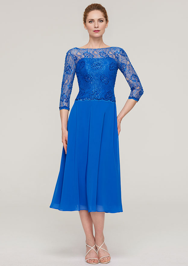 A-line/Princess Bateau 3/4 Sleeve Tea-Length Chiffon Mother of the Bride Dress With Beading Lace