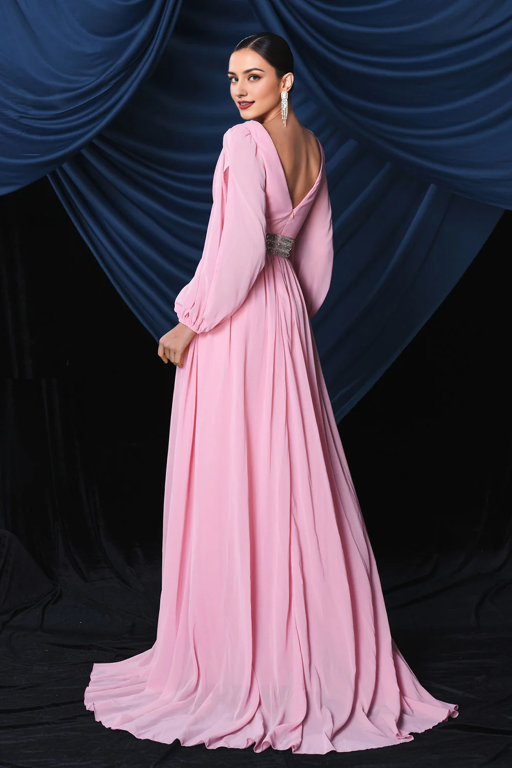 Pink Chiffon Long Sleeves Formal Prom Dress With Slit