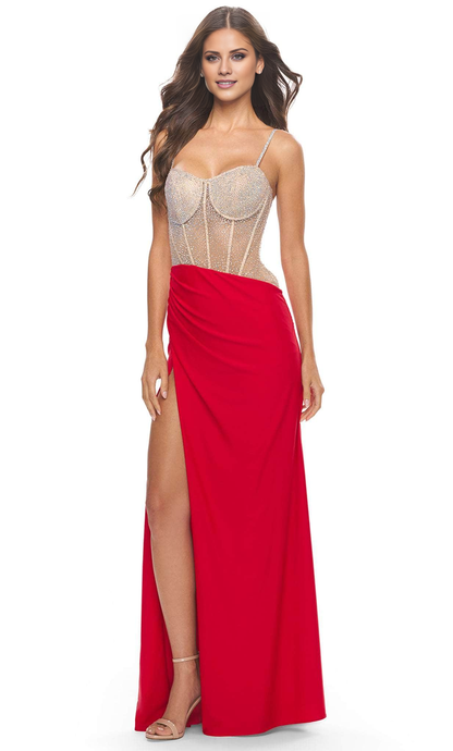 Red Sheer Embellished Long Floor-length Prom Dress