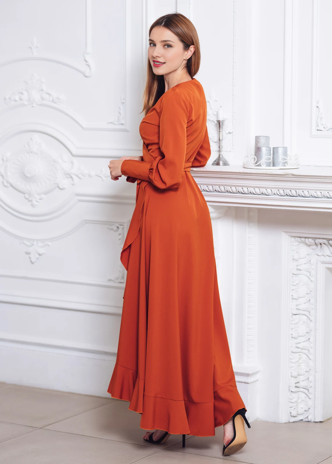 Rust Orange Long Sleeves Wrap Dress Maxi Bridesmaid Dress Cocktail Dress Wedding Guest Dress