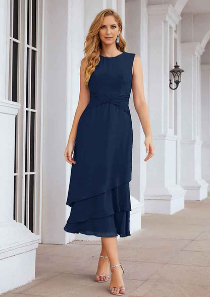 A-line Bateau Tea-Length Chiffon Mother of the Bride Dress With Pleated and Jacket