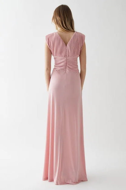 Pleat Bodice Jersey A-line Sleeveless Floor-length Bridesmaids Dress Wedding Guest Dresses