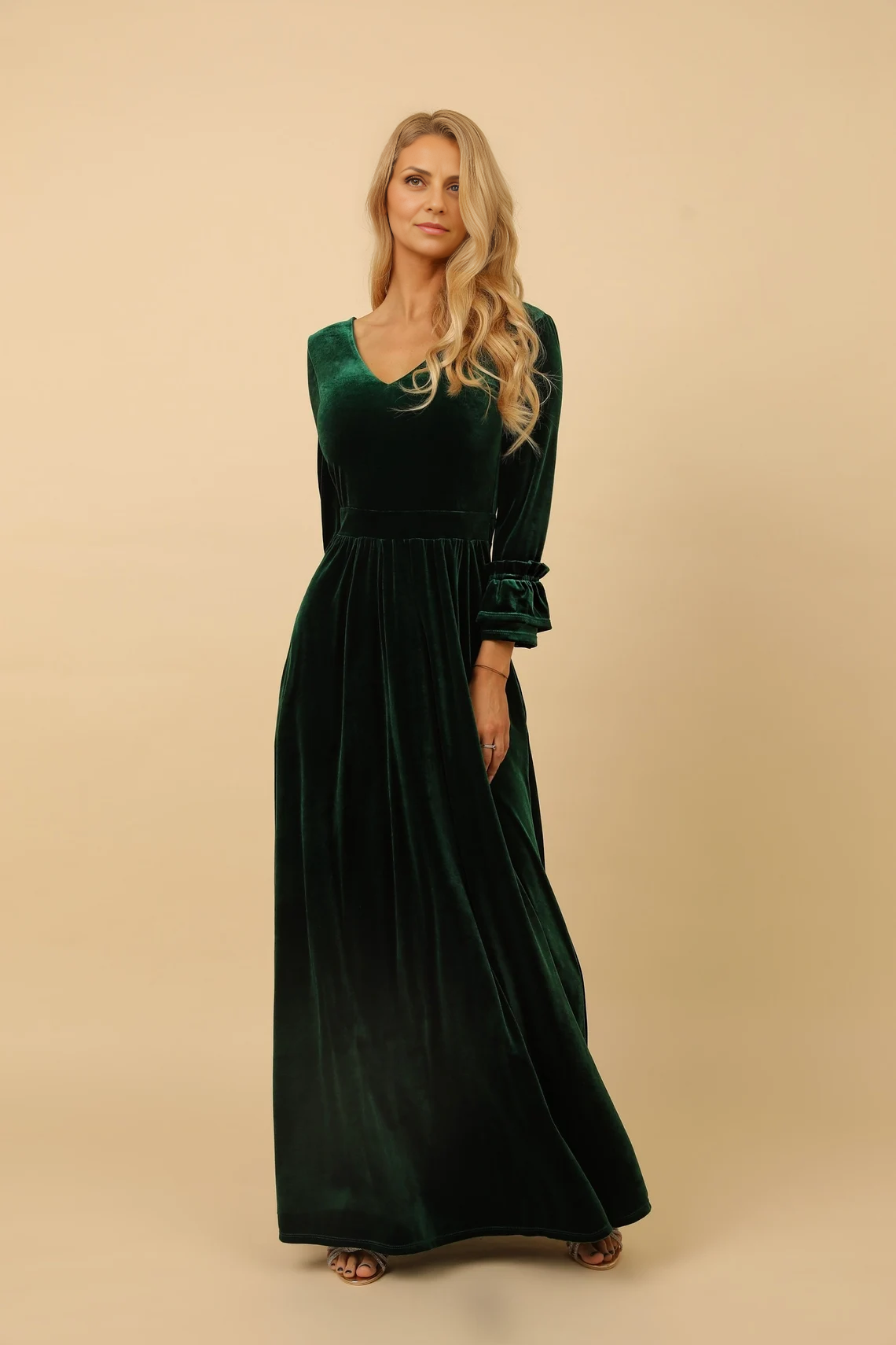 Emerald Velvet Formal Bridesmaid Dress Wedding Guest Dress Low Back V-neck Dress Evening Dress