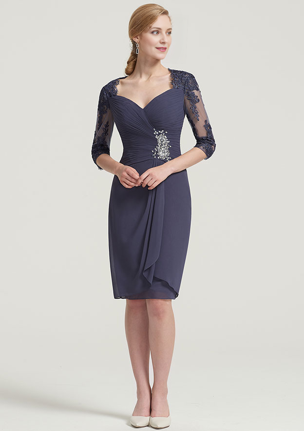 Sheath/Column Scalloped Neck 3/4 Sleeve Knee-Length Chiffon Mother of the Bride Dress With Pleated Beading Appliqued