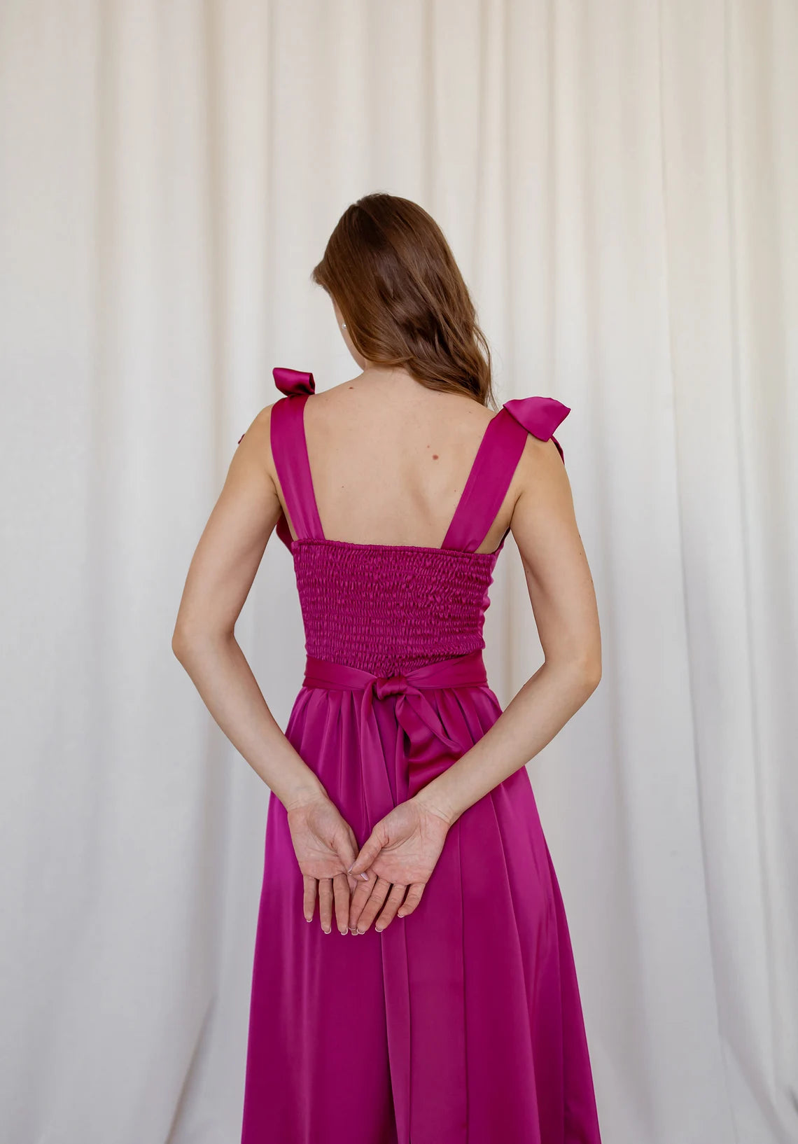 Fuchsia Satin Bridesmaids Midi Dress Wedding Guest Dress Cocktail Dresses