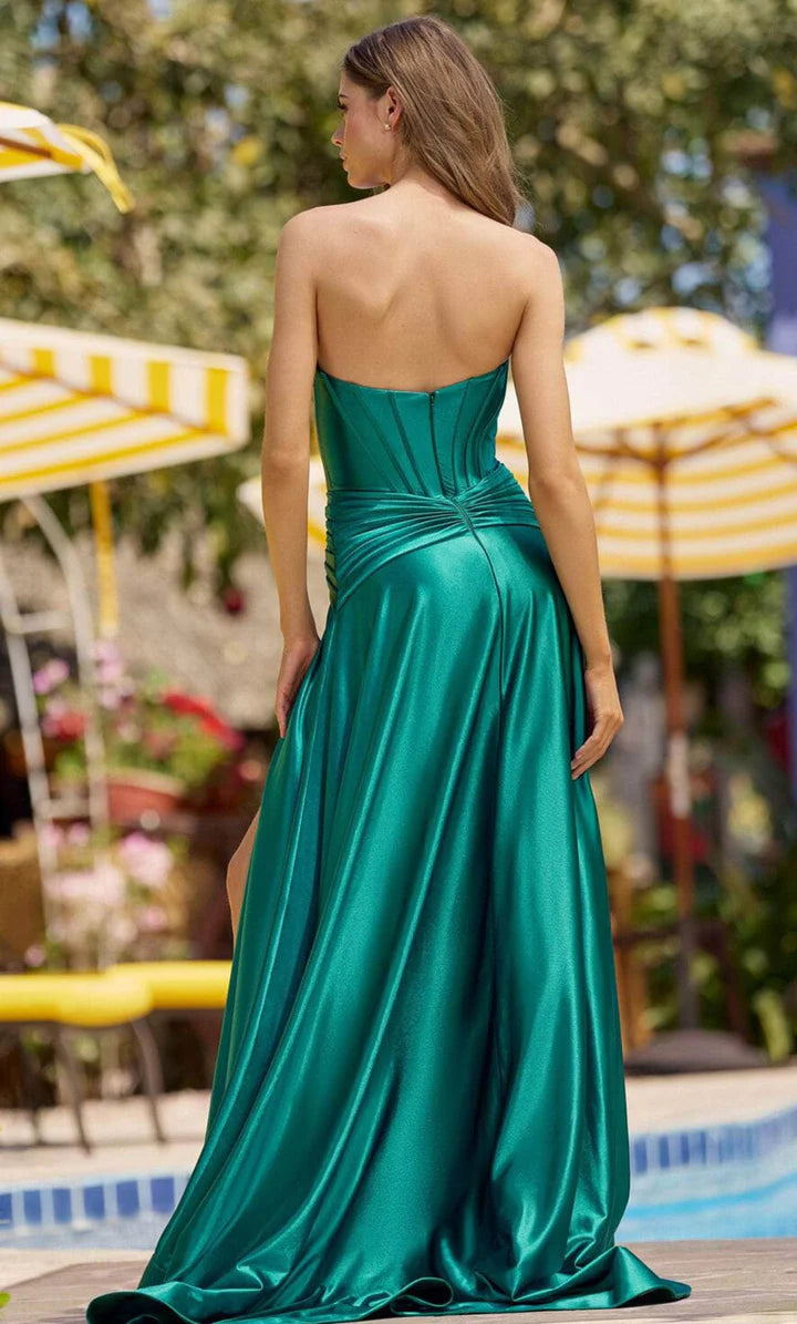 Emerald Scoop Strapless Satin Prom Dress Floor-length Slit Gown