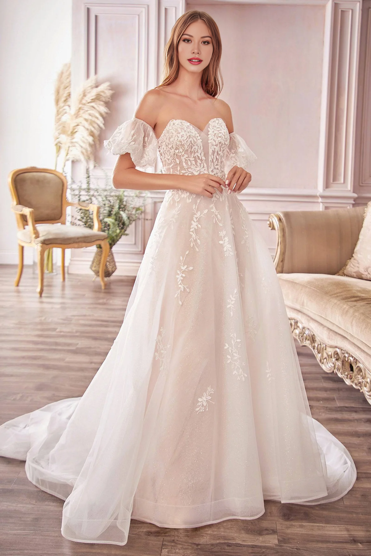 Off Shoulder Floral Lace Wedding Dress A-Line Gown with Flowing Train Removable Sleeve