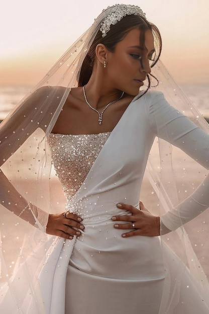 Long Sleeves Wedding Dress With Sequined One Shoulder