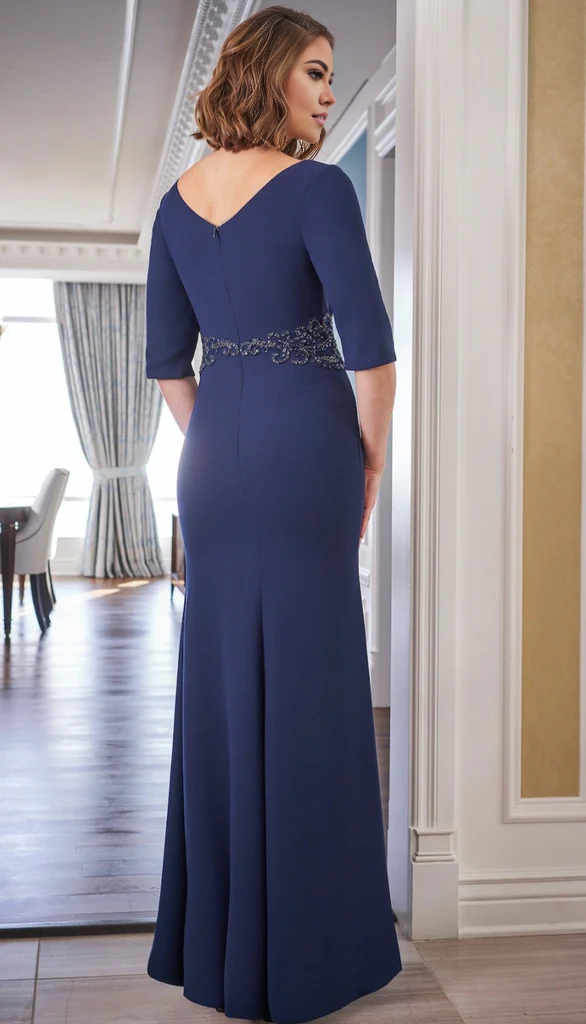 Formal V-Neck Long Mother of the Bride Dresse Half Sleeve With Beading Belt