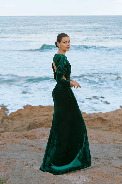 Open Back Dark Green Winter Velvet Dress For Women Maxi Dress Wedding Guest Dress Bridesmaid Dress