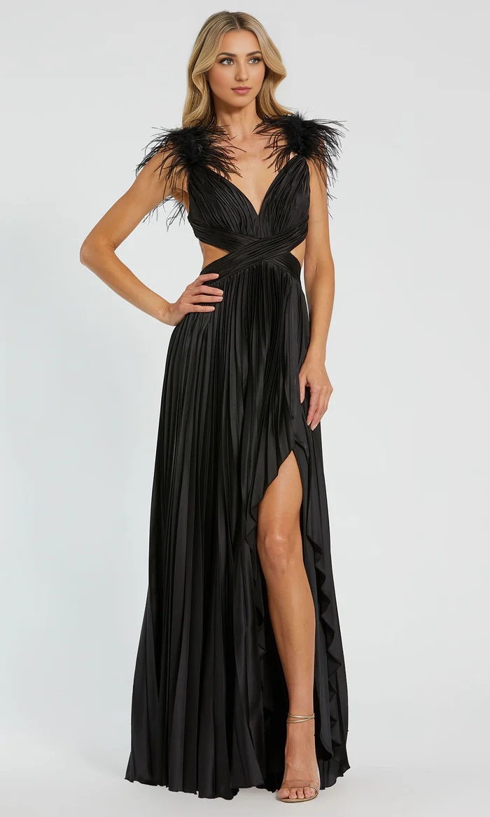 Feather Detailed V-Neck Evening Dress