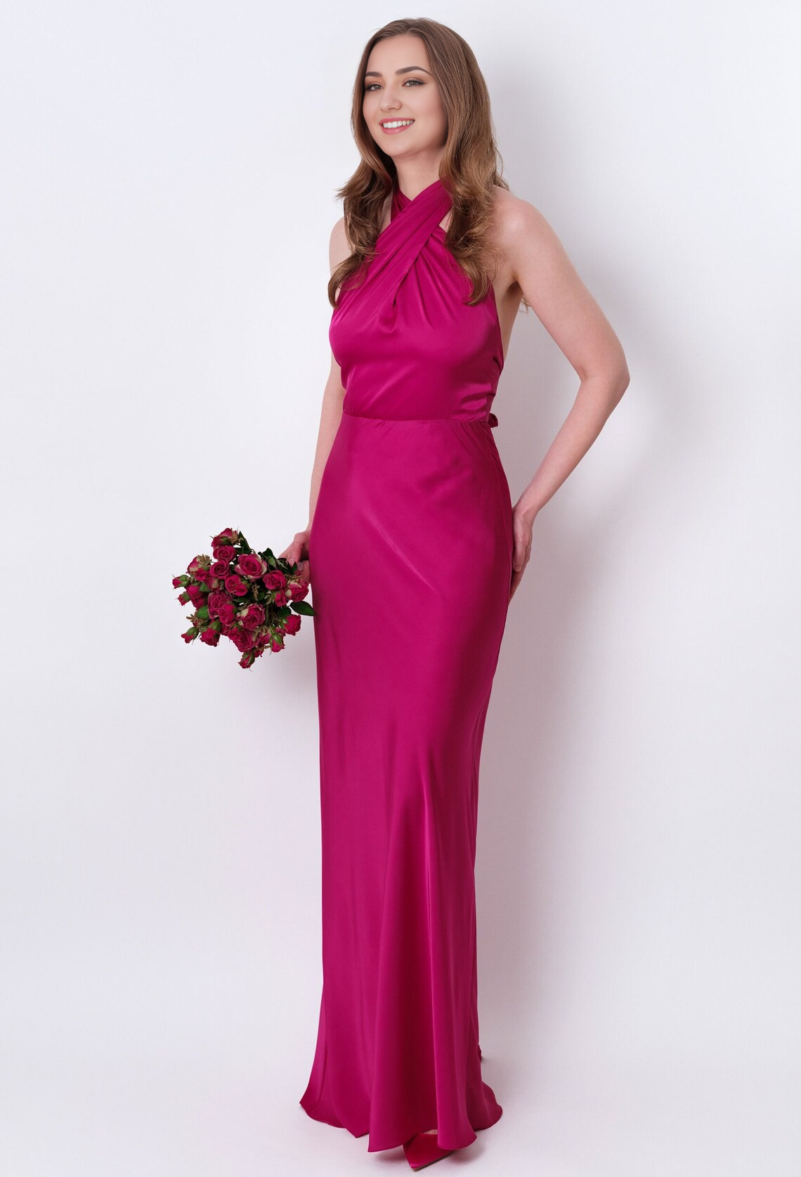 Fuschia Silk Satin Long Halter Open Back Bridesmaid Dress Wedding Guest Dress Evening Dress