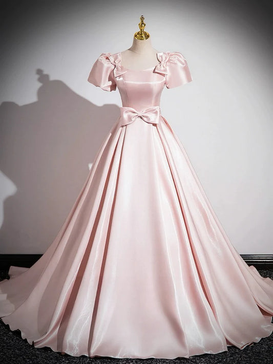 A-Line Satin Pink Quinceanera Dress Long Prom Dress With Bows