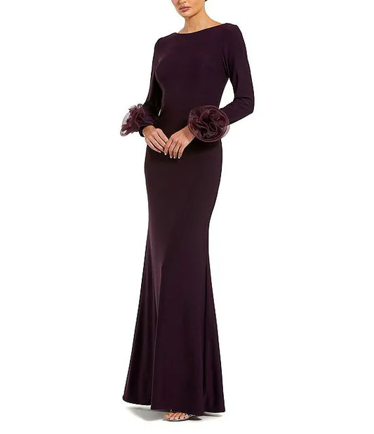 Column Sheath Round Neck 3D Floral Sleeves Jersey Gown Evening Dresses