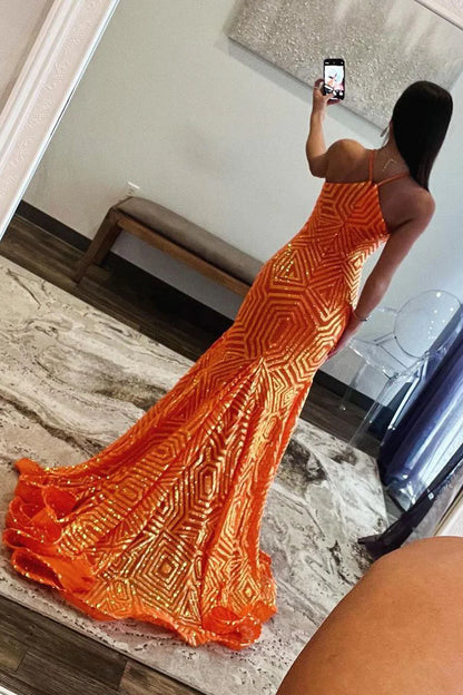 Mermaid Halter Keyhole Orange Sequins Long Prom Dresses