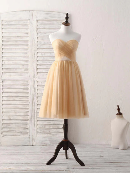 Simple Tulle Champagne Sweetheart Prom Dress Tulle Strapless Bridesmaid Dress