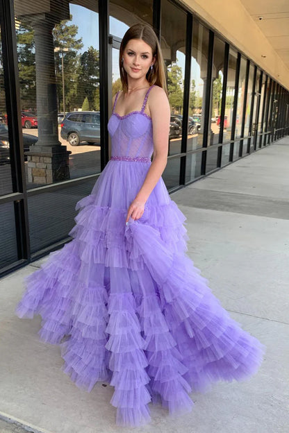 Lilac Sweetheart Ruffle Tulle A-Line Long Prom Dresses with Beading