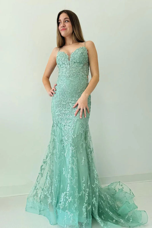 Green V Neck Lace Mermaid Long Prom Dresses