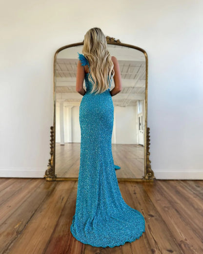 Sparkly Mermaid One Shoulder Blue Sequins Long Prom Dresses