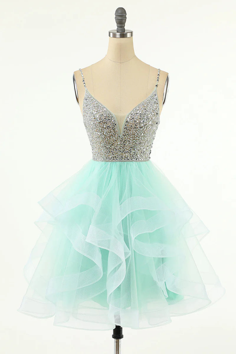 A Line V Neck Tulle With-Beading Homecoming Dress