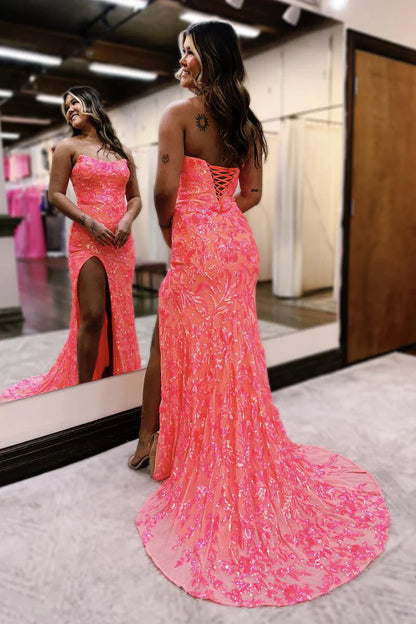 Coral Strapless Sequin Lace Mermaid Long Prom Dresses