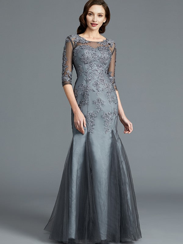 Sheath/Column Scoop Applique 1/2 Sleeves Tulle Floor-Length Mother of the Bride Dresses