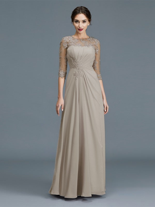 A-Line/Princess Scoop 3/4 Sleeves Chiffon Ruffles Floor-Length Mother of the Bride Dresses