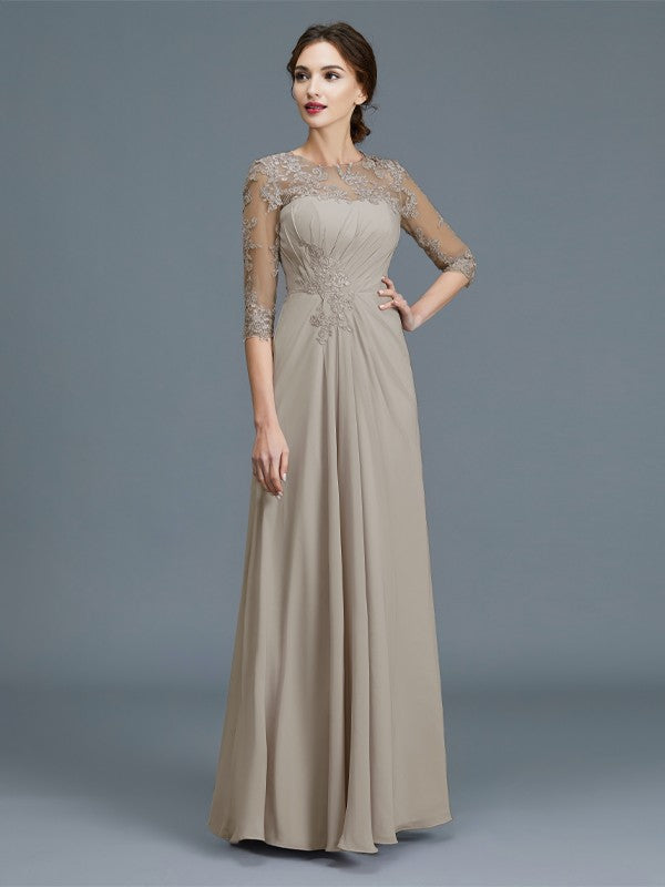 A-Line/Princess Scoop 3/4 Sleeves Chiffon Ruffles Floor-Length Mother of the Bride Dresses