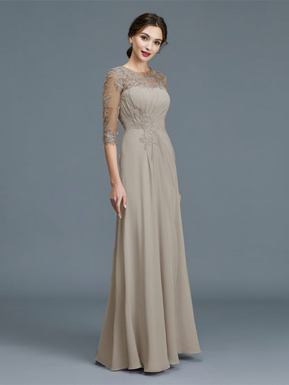 A-Line/Princess Scoop 3/4 Sleeves Chiffon Ruffles Floor-Length Mother of the Bride Dresses