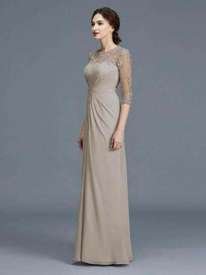 A-Line/Princess Scoop 3/4 Sleeves Chiffon Ruffles Floor-Length Mother of the Bride Dresses