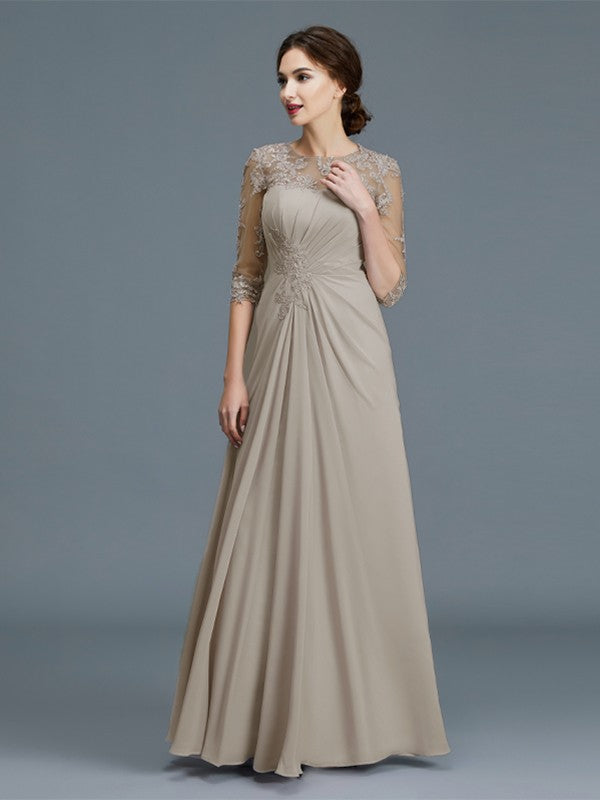 A-Line/Princess Scoop 3/4 Sleeves Chiffon Ruffles Floor-Length Mother of the Bride Dresses