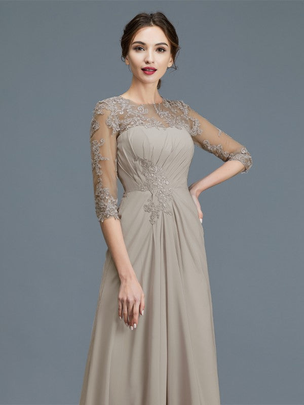 A-Line/Princess Scoop 3/4 Sleeves Chiffon Ruffles Floor-Length Mother of the Bride Dresses