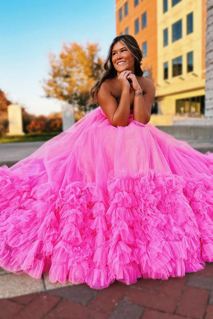 Pink Sweetheart Tiered Tulle Long Prom Dresses