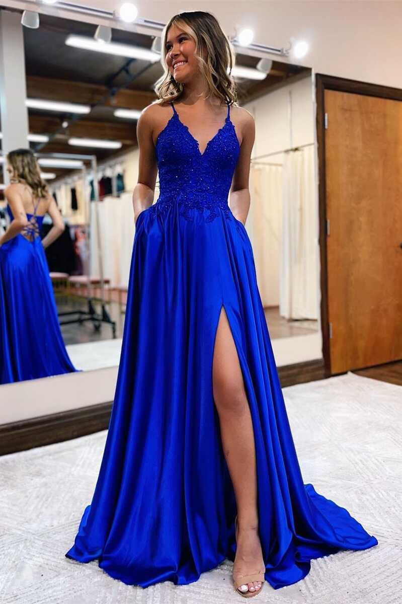 Cute A Line V Neck Royal Blue Satin Long Prom Dresses with Slit