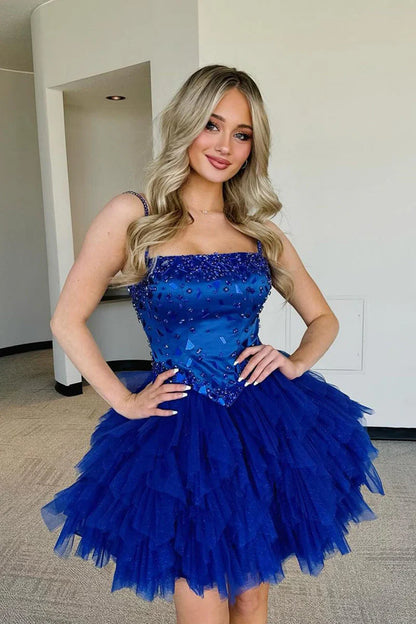 A Line Straps Royal Blue Ruffled Tulle Homecoming Dresses with Beading